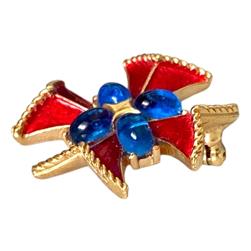 Trifari • Maltese Cross Brooch Sapphire Gripoix Cabochon Red Enamel Gold Tone - Picture 4 of 7
